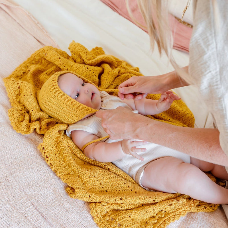 Turmeric | Crochet Bonnet & Bootie Set | Handmade | OB Designs Decor Range O.B. Designs Baby Toys - Plush Toys - Crochet Blankets Ethically Made 